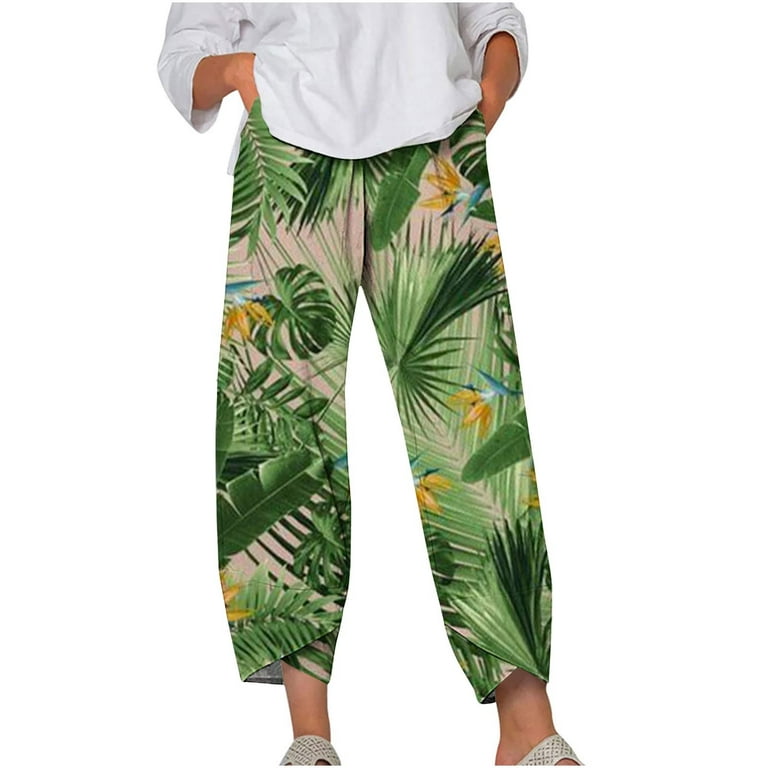 ZQGJB Summer Capri Pants for Women Loose Fit Floral Print Casual Pants  Cotton Linen Elastic High Waist Wide Leg Ankle Stretch Pants with Pockets Green  L 