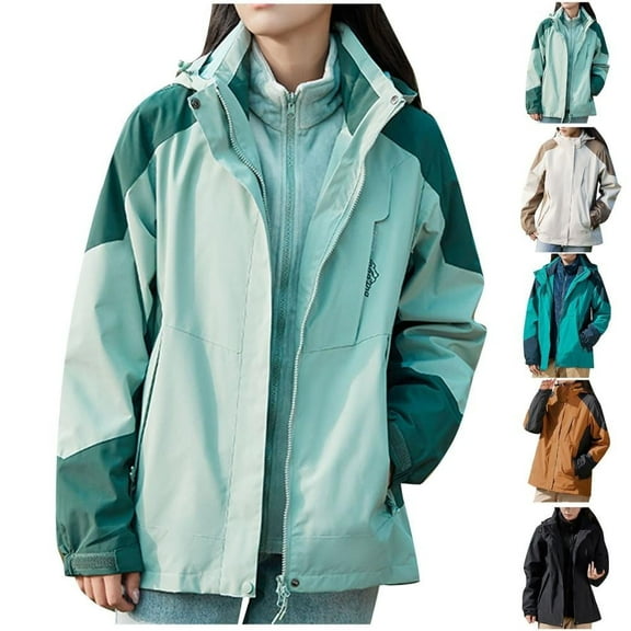 Fall Winter Savings Clearance 2024! Bxsruta Women Detachable Cap and Windproof Thick Three-in-one Jacket Outdoor Sports Warm Jacket, Green L
