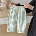thumbnail image 4 of Mint Green Striped Pants for Kids Girls | Linen-Blend Cropped Capris with Elastic Waist & Drawstring | Relaxed Fit Play Outfits for Summer,Size 0 Month, 4 of 5