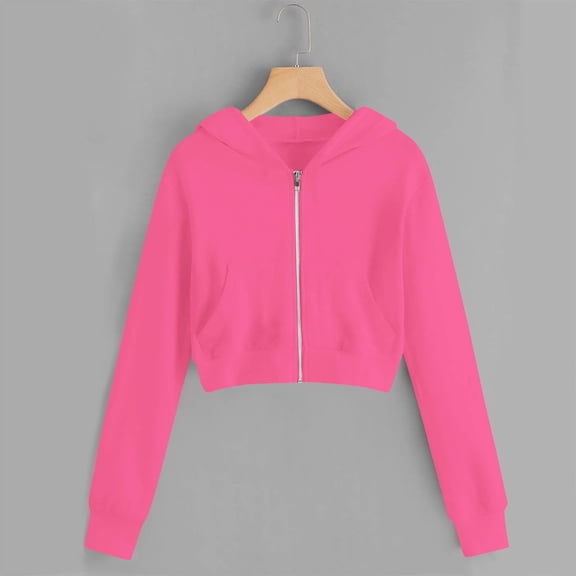 FAIOROI Toddler 4-5T Hot Pink Cropped Zip-Up Hoodie, 100% Polyester Soft Easy-Care Light Layer for Casual School/Home