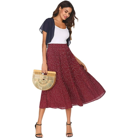 Pleated Midi Skirt High Waist Swing Skirts with two pockets for Shopping,Holiday,Working