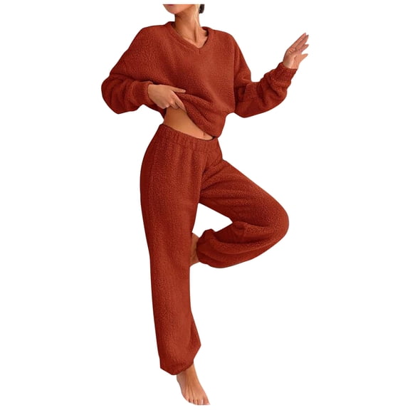 UAMVSH Womens Fleece Sets Warm Winter Long Sleeve Crew Neck Tops and Elastic Waist Cinch Bottom Pants Fuzzy Fluffy 2 Piece Outfits(X-Large,Red)