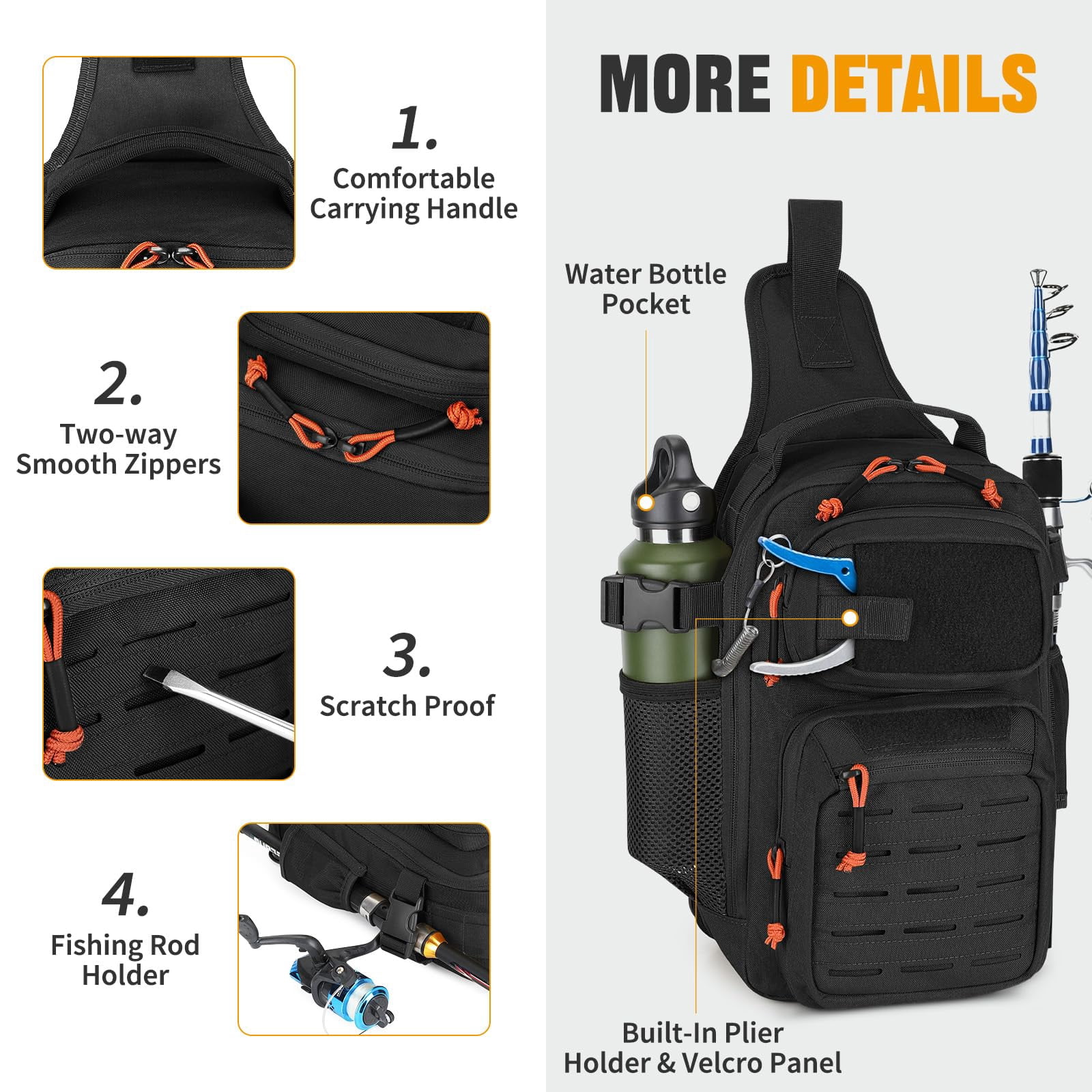 Fishing Sling Bag Lightweight Tackle Small Backpack Shoulder Bags With Rod Holder  Storge Gear And Equipment Gifts For Men (black)