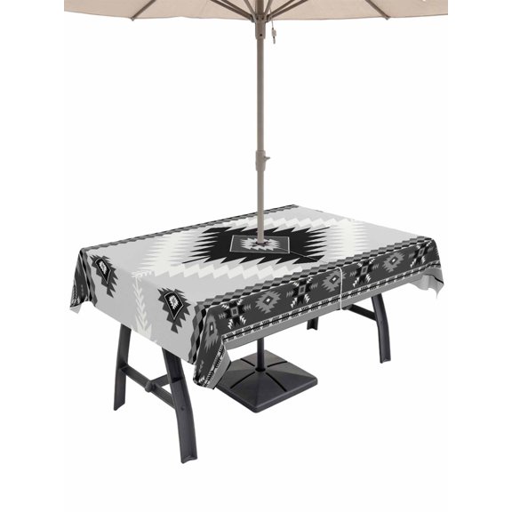 Outdoor Tablecloth with Umbrella Hole, Gray Boho Spillproof Waterproof Outdoor Table Cover, Southwestern Ethnic Abstract Geometric Patio Tablecloths for Party Picnic Camping, Rectangle 60"x84"