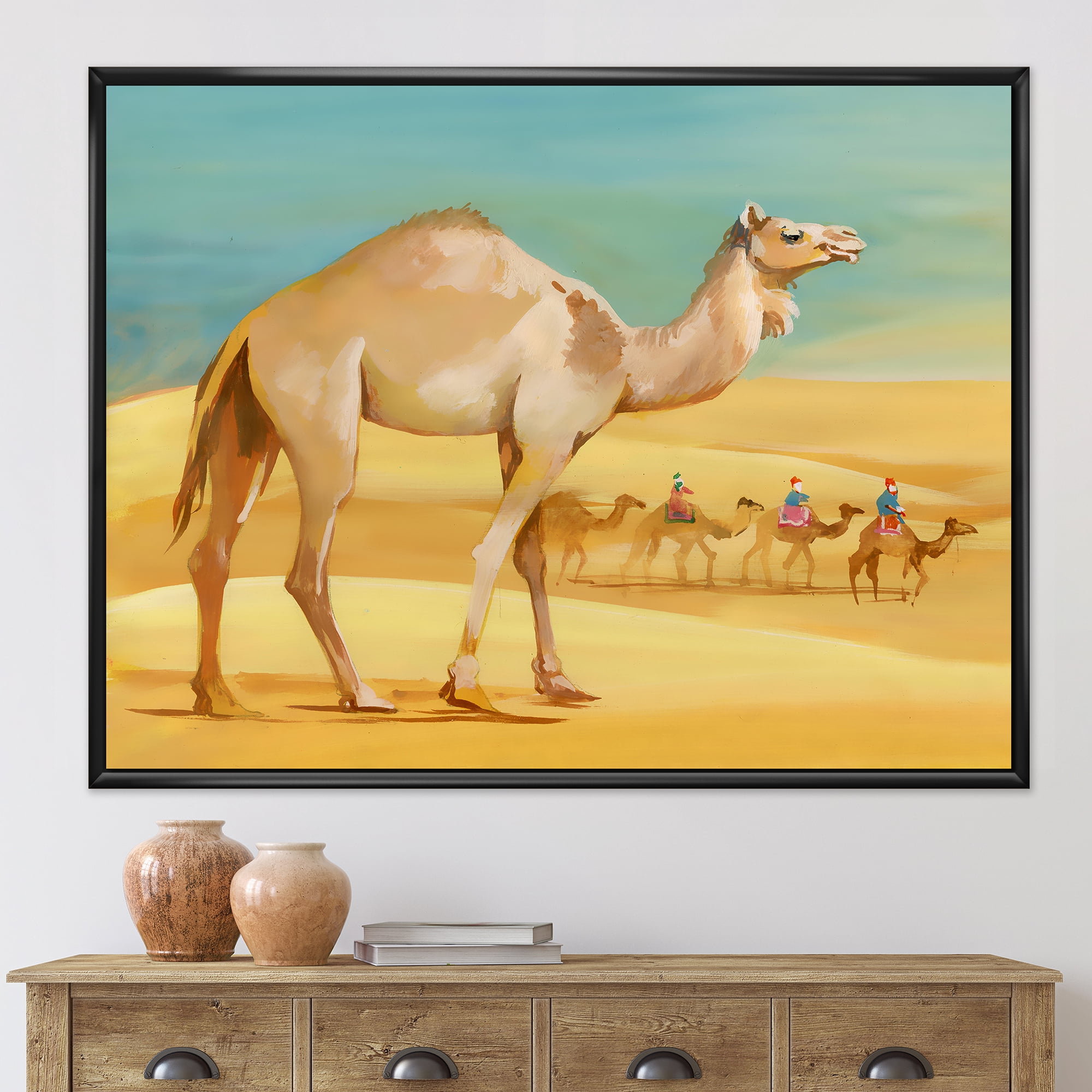 Designart 'Camels In Wild Desert I' Farmhouse Framed Canvas Wall Art Print