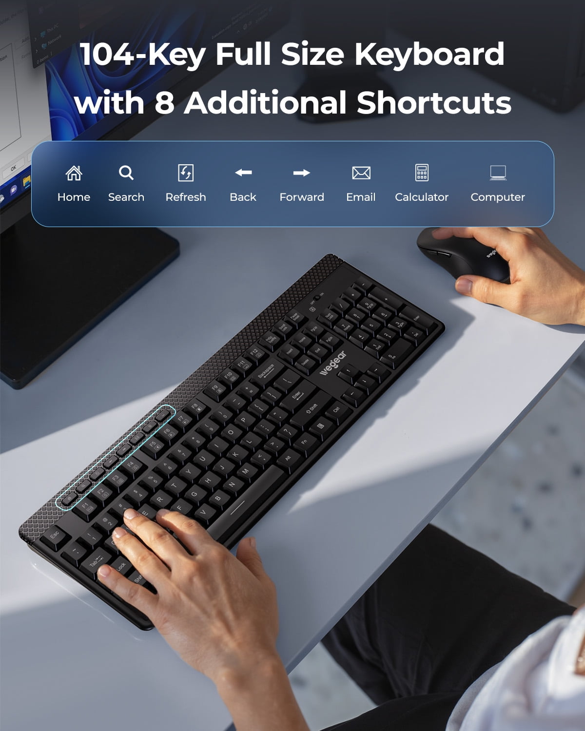 Silent Wireless Keyboard and Mouse Combo,2.4 GHz 104 Full Size Keyboard , 8 Multimedia Keys, 6-Button Mouse,Portable for Windows,Mac Os,Desktop,Laptop,PC