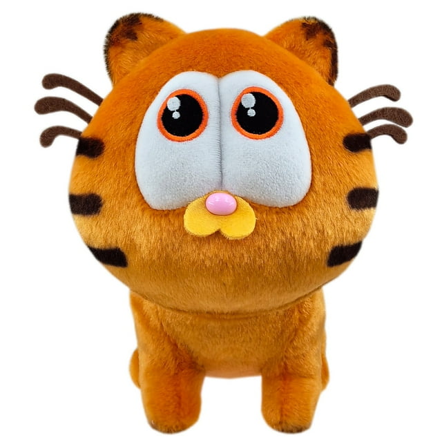 muñeco de peluche garfield odie, muñeco suave naranja con grandes ojos blancos y pupilas negras, nariz rosada y boca amarilla, rayas oscuras en cabeza y costados, bigotes de fieltro marrón, sentado en vista frontal sobre fondo blanco; adecuado como peluche, decoración de dormitorio o regalo.