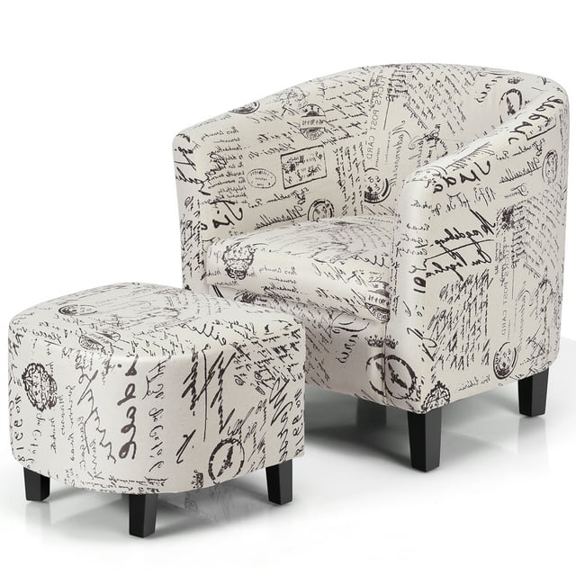 Gymax Fauteuil Tonneau Moderne Accent Tub Rembourré Imprimé Français avec Ottoman