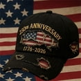 thumbnail image 6 of 250th Anniversary Baseball Cap, Distressed Denim Hat with Embroidered USA Flag, Vintage Ripped Adjustable Snapback for Independence Day, Semiquincentennial and National Holiday Celebration-Black, 6 of 6