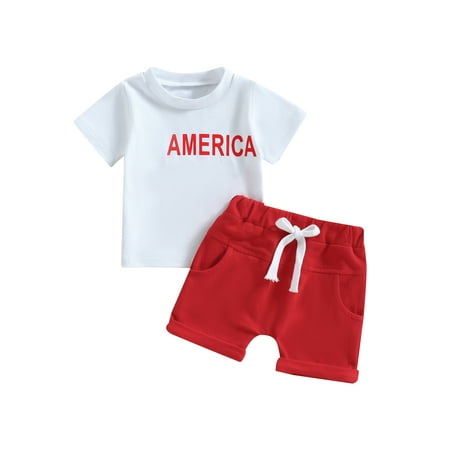 

Bagilaanoe 4th of July Clothes for Newborn Baby Boys Short Sleeve Letter Print T-shirt Tops + Shorts 3M 6M 9M 12M 18M 24M Infant Independence Day Outfits 2pcs Short Pants Set