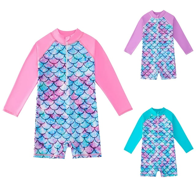 GYRATEDREAM Girls Mermaid Zip Rash Guard Swimwear UPF 50+ Long Sleeve