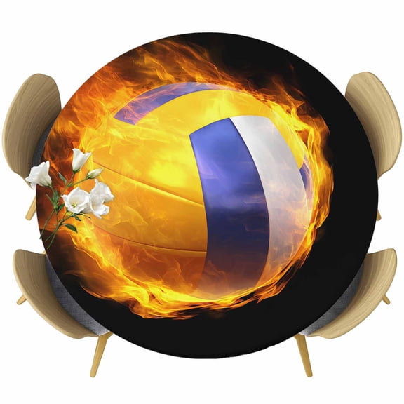 Volleyball Round Tablecloth, Fitted Table Cover with Elastic for 45"-54" Round Tables, Modern Buruning Flame Sport Black Background Table Cloth Outdoor Indoor Dinning Party Waterproof Tablecloths