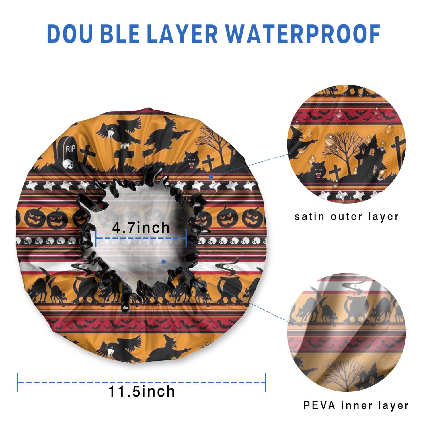 Shower Caps,Halloween Stripe Scene Pattern Waterproof Shower Cap for Women 4 Pieces,Double Reusable Hair Cover for Shower PEVA Elastic Stretch Hem