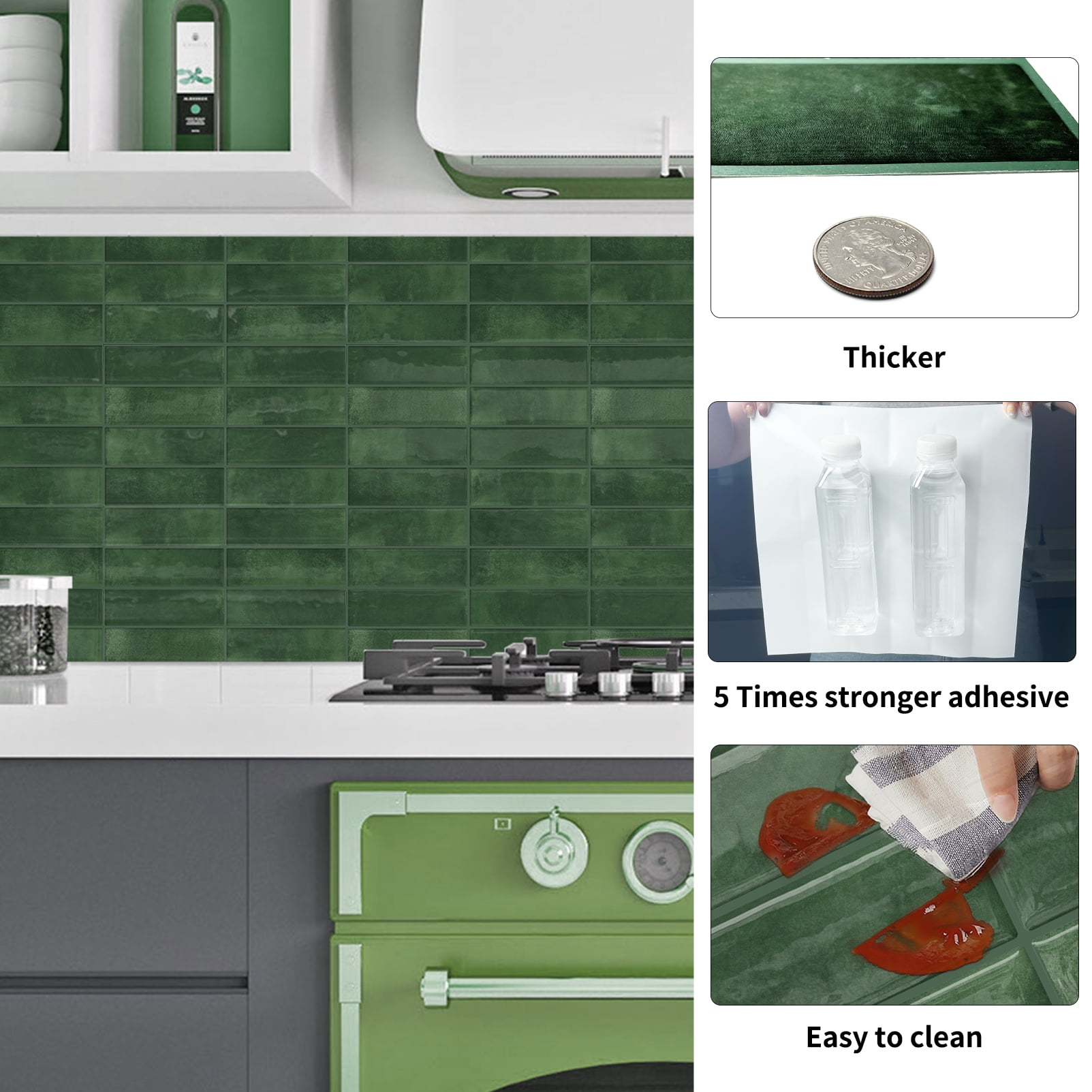 DEWOO 10pcs Peel and Stick Backsplash Wall Tiles, Extra Thick 3D Wall Panels, Heat & Water Resistant, Easy DIY Kitchen, Bathroom, Laundry, Fireplace & Rental Home Wall Décor (Dark Green, 12"×12")