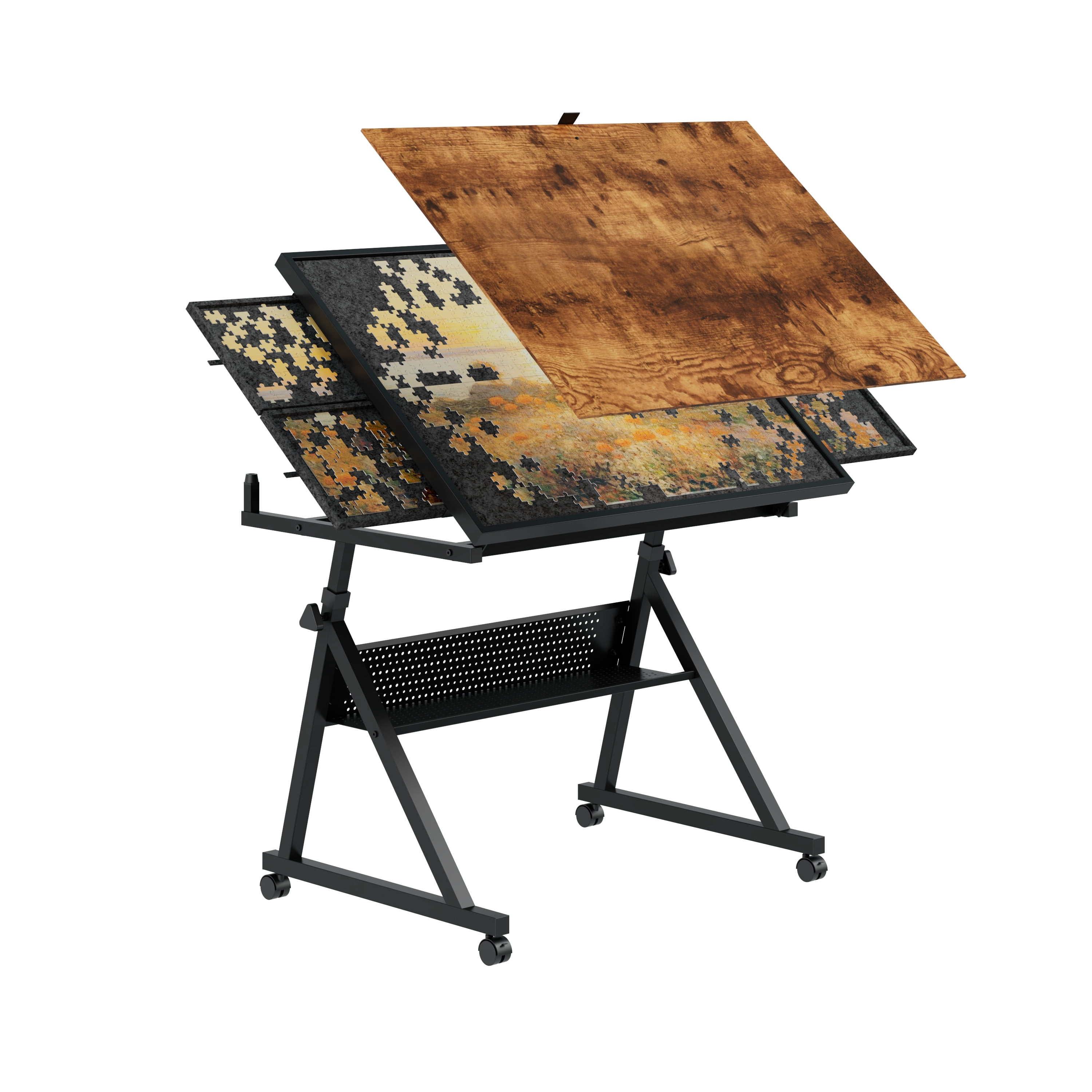 Jigsaw Puzzle Table with 4 Storage Trays and Adjustable Height, Puzzle Board and Craft Table with Tiltable Surface and Wheels for 1500-Piece Puzzles, Black