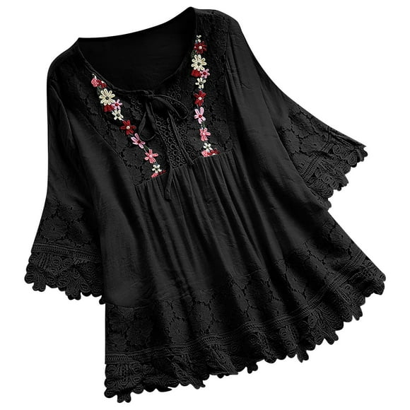 lcziwo Womens Flowy Summer Tops 3/4 Sleeve Linen Shirts Mexican Embroidered Boho Tunic Casual Loose Beach Tees Cute Dressy Blouse Black,M