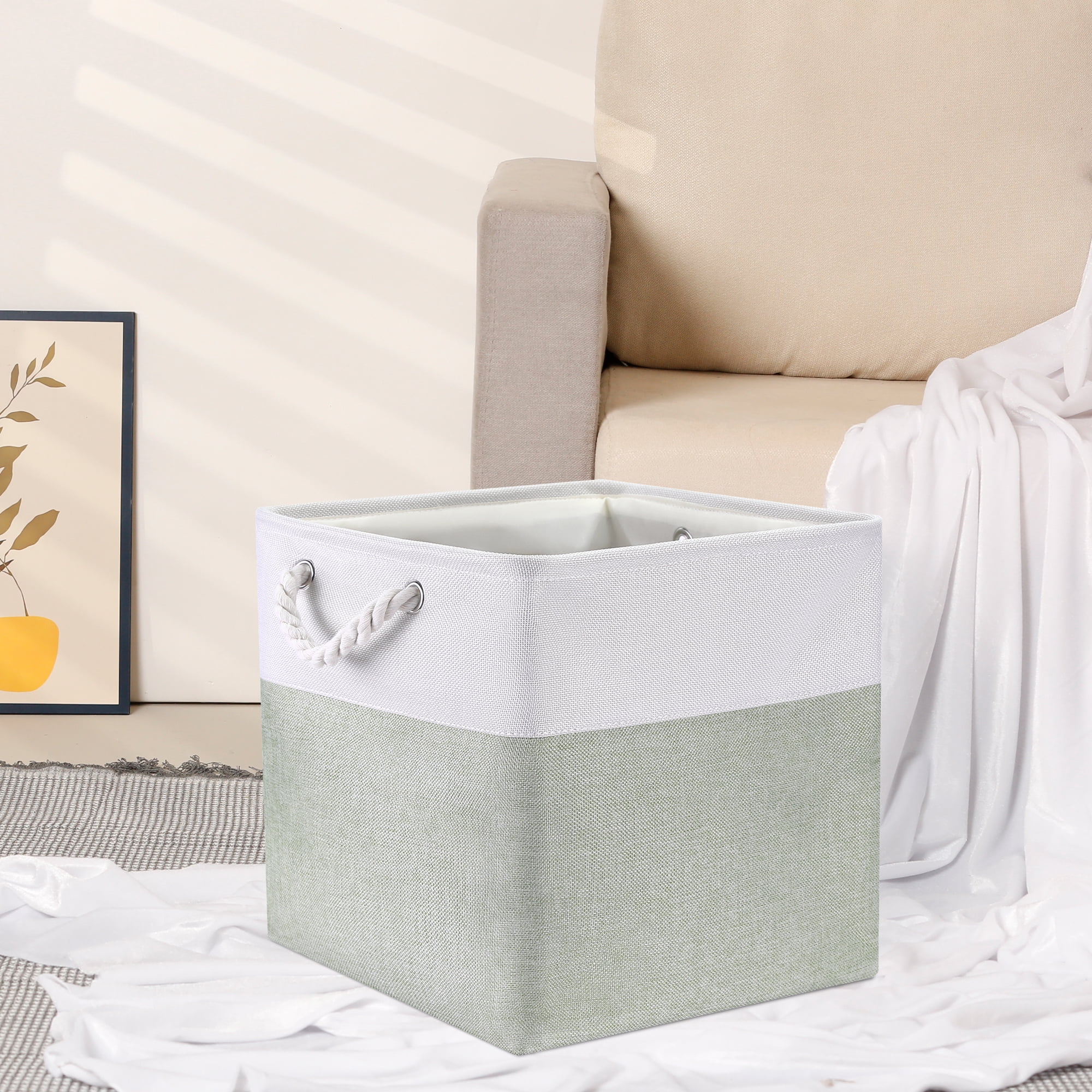 Unique Bargains Square Fabric Storage Basket Bin White/Green 13inch