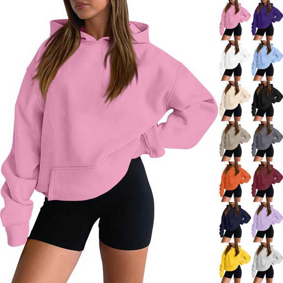 Long Sleeve Drop Shoulder Plain Sweatshirt for Women Loose Fleece Oversized Y2K Hooded Pullover Casual Fall Streetwear Tops