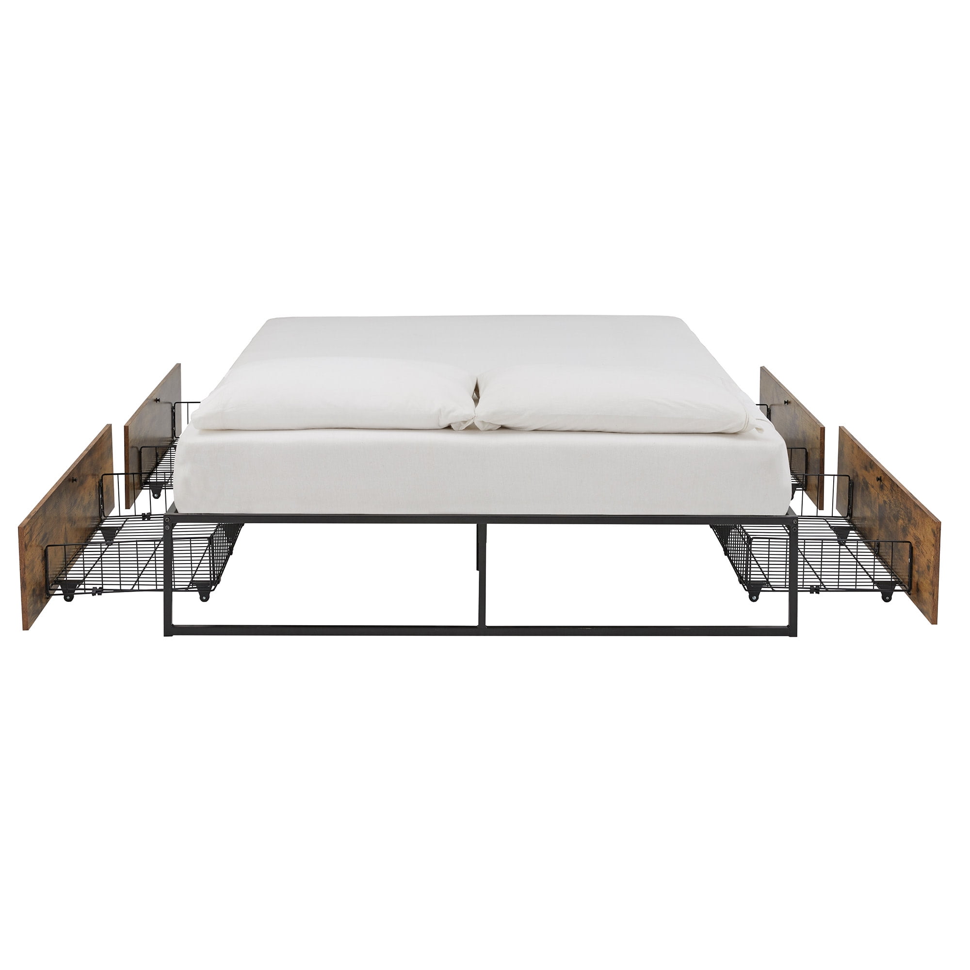 Weston Home Utica Wood Finish Panel Black Metal Platform Bed with Storage Drawers, Queen Size