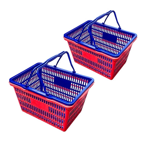 Stackable Plastic Shopping Baskets, Red and Blue, Easy-Grip Handles for Grocery, Retail, Liquor Stores, Home Use (4-pack, Red & Blue Assorted)