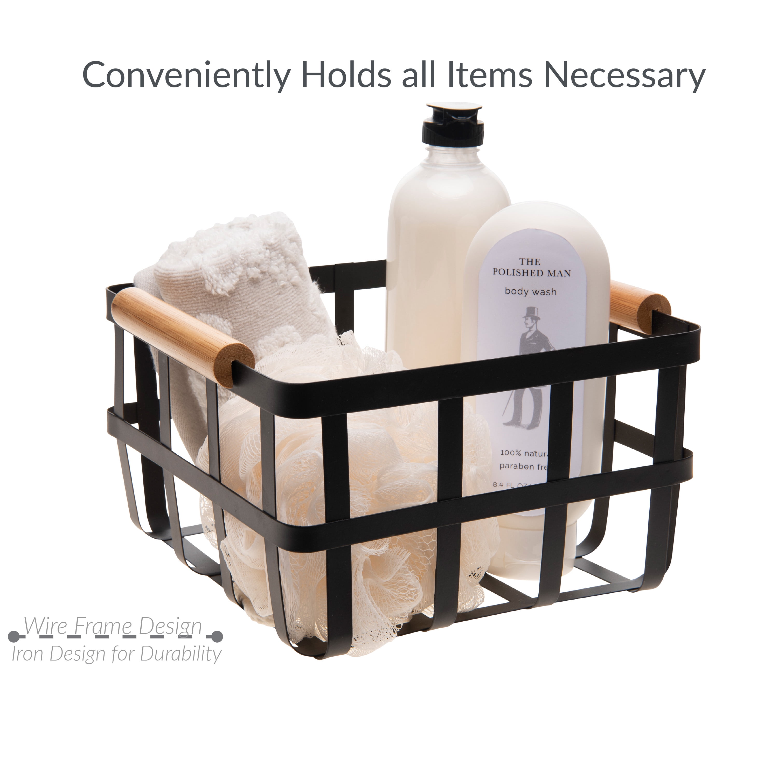 Simplify 4 Pack Square Metal Decorative Storage Basket with Bamboo Handles in Black