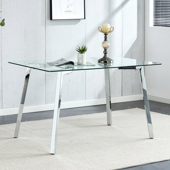 Dining Tables Glass Dining Table Modern Minimalist Rectangular for 4-6 with 0.31" Tempered Glass Tabletop and plating Metal Legs, Writing Table Desk, for Kitchen Dining Living Room, 51" W x 31"D x 3