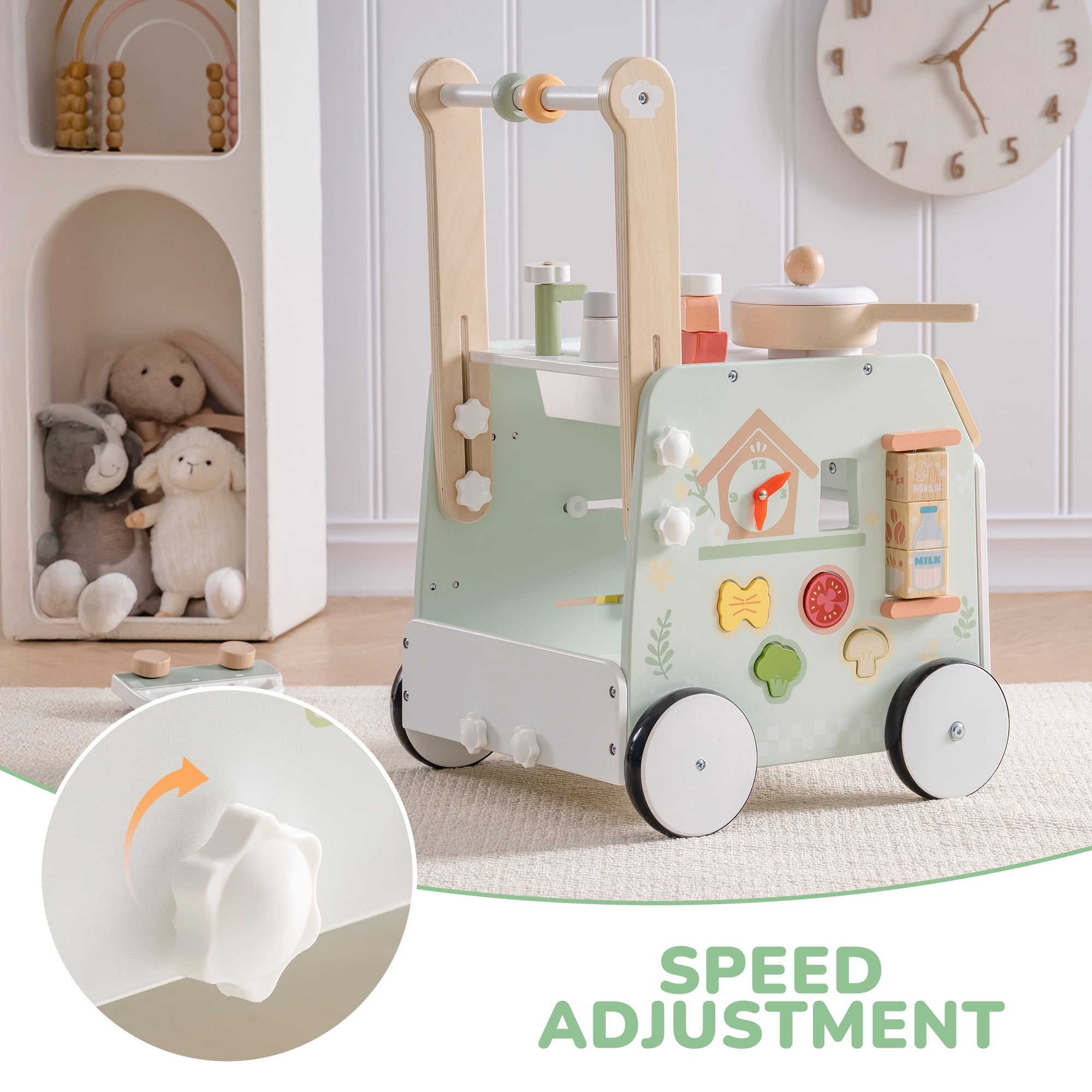 Robud Wooden Baby Push Walker – Montessori Learning Adjustable Toy with Activity Panel & Safety Wheels, Prevent O-Shaped Legs, for 10-12 Months 1 2 3 Years Old Girls Boys