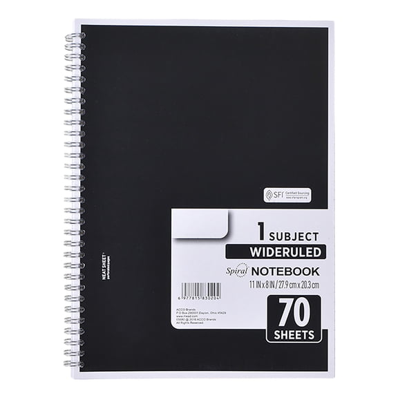 1-Subject Notebook, Spiral Notebook, College Ruled Paper, 7.87" X 10.63", 70 Sheets Per Notebook, Wide Ruled Notebook(Black)