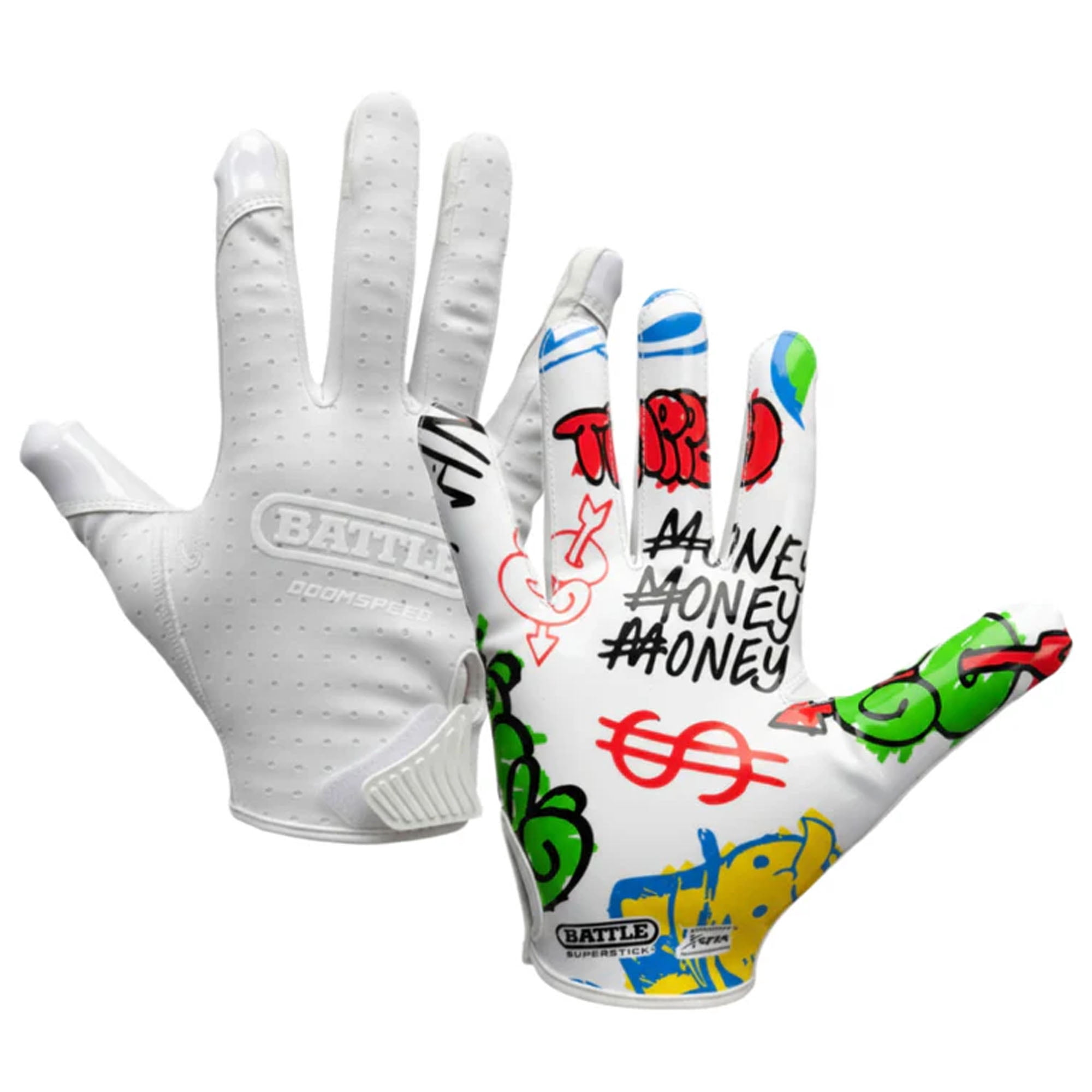 Battle Sports Youth "Monopoly Street Art" Doom Speed Receiver Football Gloves, White - Small