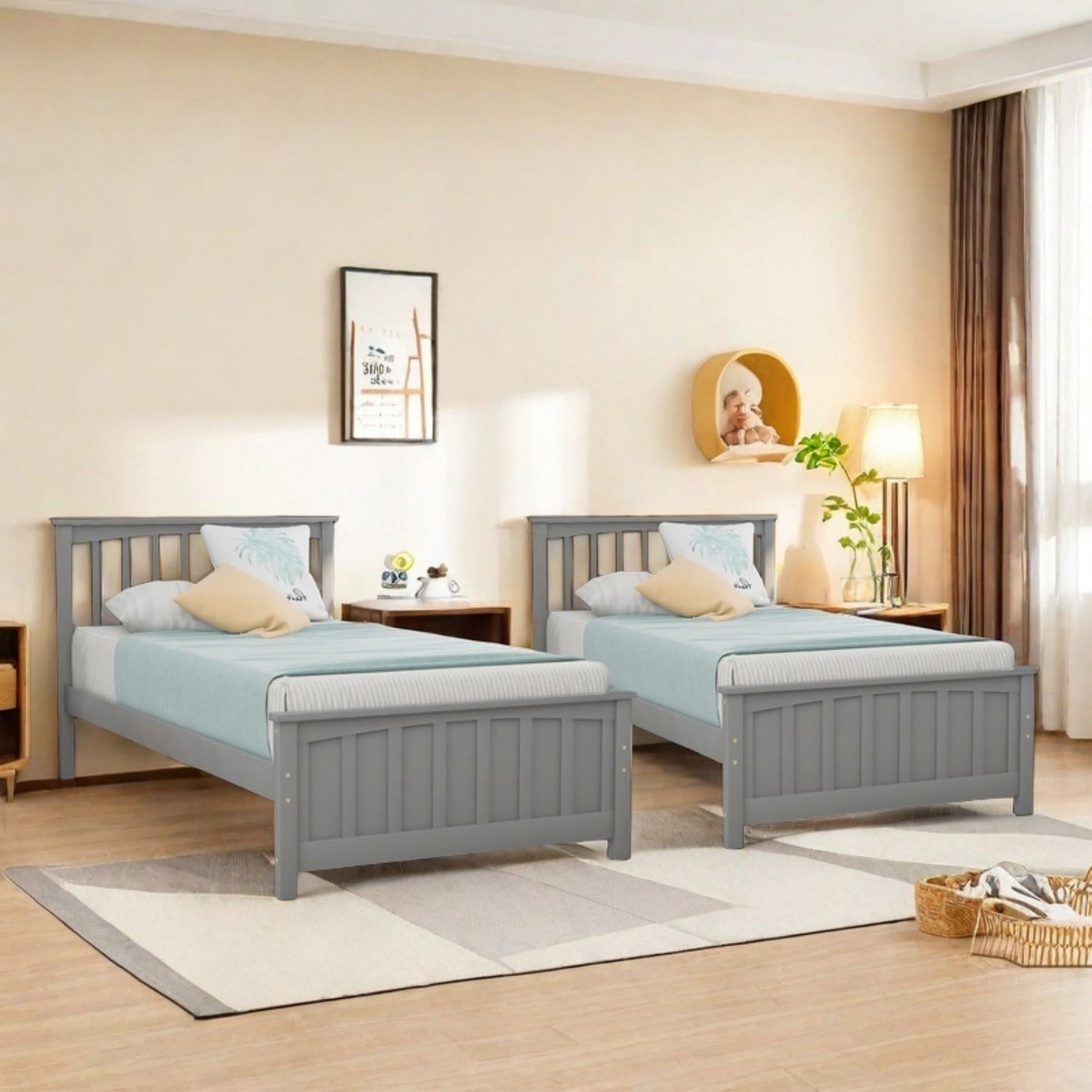 Gewnee Twin Platform Bed,Solid Wood Platform Bed Frame with Headboard&Footboard,Gray