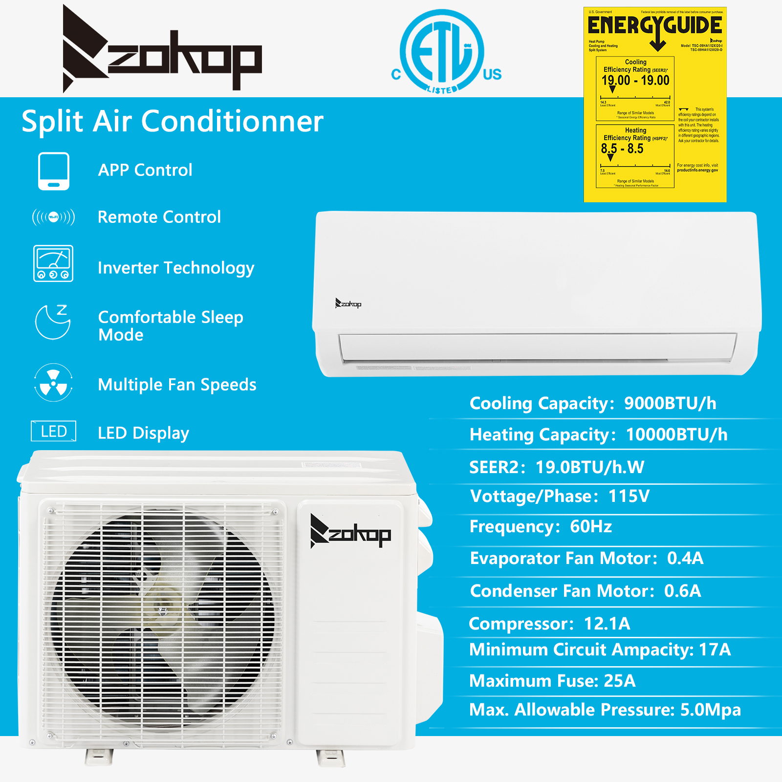 Ktaxon 9000 BTU Wifi Enabled 19 Seer Mini Split Air Conditioner & Heater  AC 115V - image 3 of 9