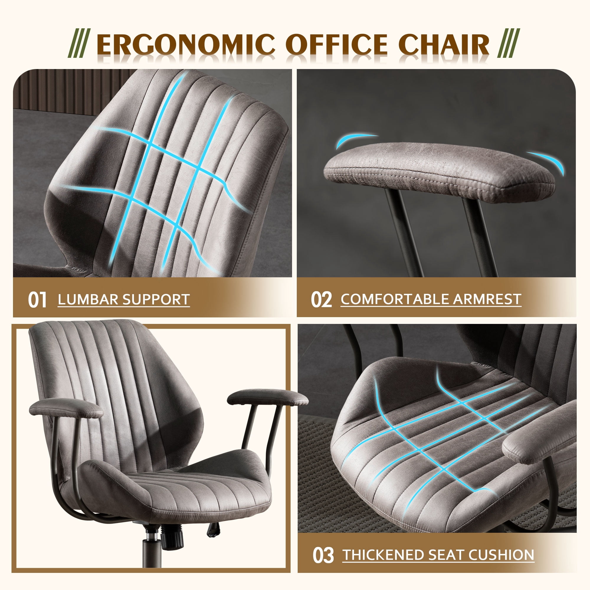 Toject Executive Desk Chair, Ergonomic Office Chair with Lumbar Support, Suede Leather, Dark Gray