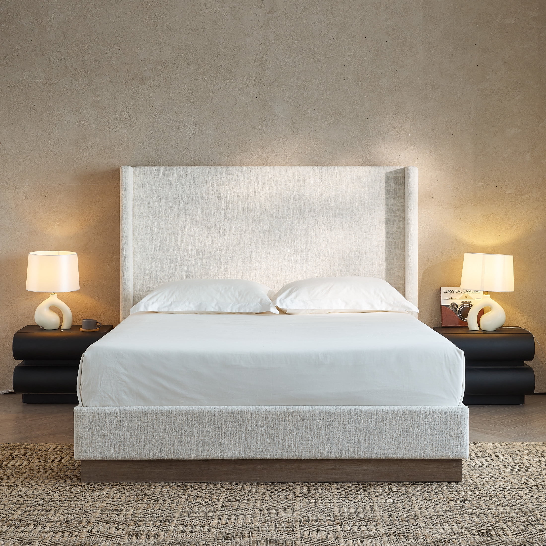Noble House Hosford California King Boucle Upholstered Wingback Bed, Wood Base Platform Bed with Headboard, Oat