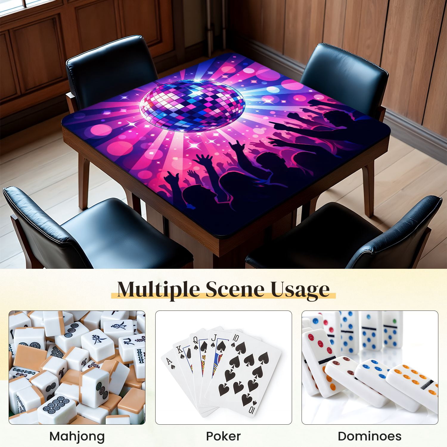 Mahjong Mat 31.5" x 31.5" Vibrant Disco Dance Party Sparkling Disco Ball Colorful Lights Non-Slip Noise Reduction Mahjong Tiles Table Cover for Dominoes Poker Card Board and Tile Games
