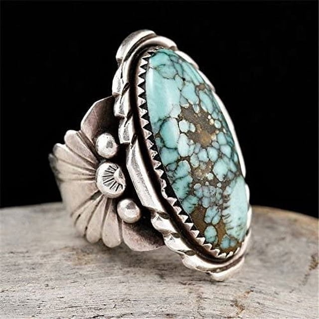 Xiao Hua Anillo de bodas vintage para mujer, plata 925, con gema turquesa, talla 6-10 (6)