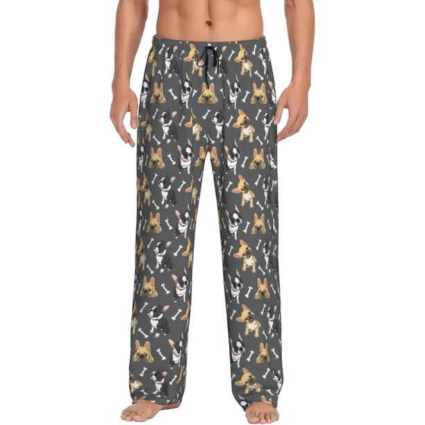 Fotbe Bulldog Print Pantalones de Pijama para Hombre, Pantalones de Dormir, Pantalones de Casa con Cintura Ajustable y Bolsillos-Large