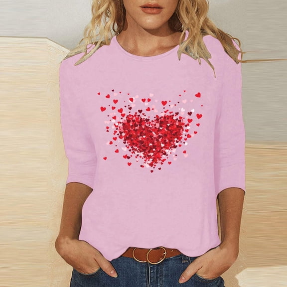 Summer Tops for Women Viikei Womens Tops Long Sleeve Clearance under $5,Women's Valentine's Printed Crew Neck 3/4 Sleeve T-shirt Loose Tops Pink S
