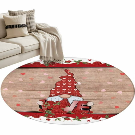 Round Rug 4ft Area Rug Valentines Lovely Gnome Vintage Wooden Plank Area Rugs for Living Room Bedroom Blossom Rose Floor Mat Non-Slip Non-Shedding Carpet Indoor Accent Rugs