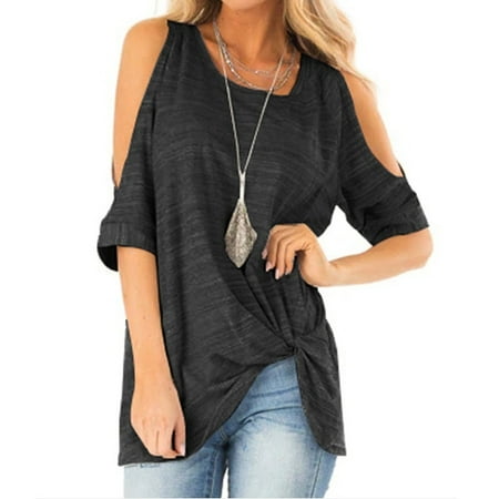 Pink Sapphire Breast Women Casual Half Sleeve Tops Round Neck Irrgular Blouses T-shirt Off Shoulder Shirts ()