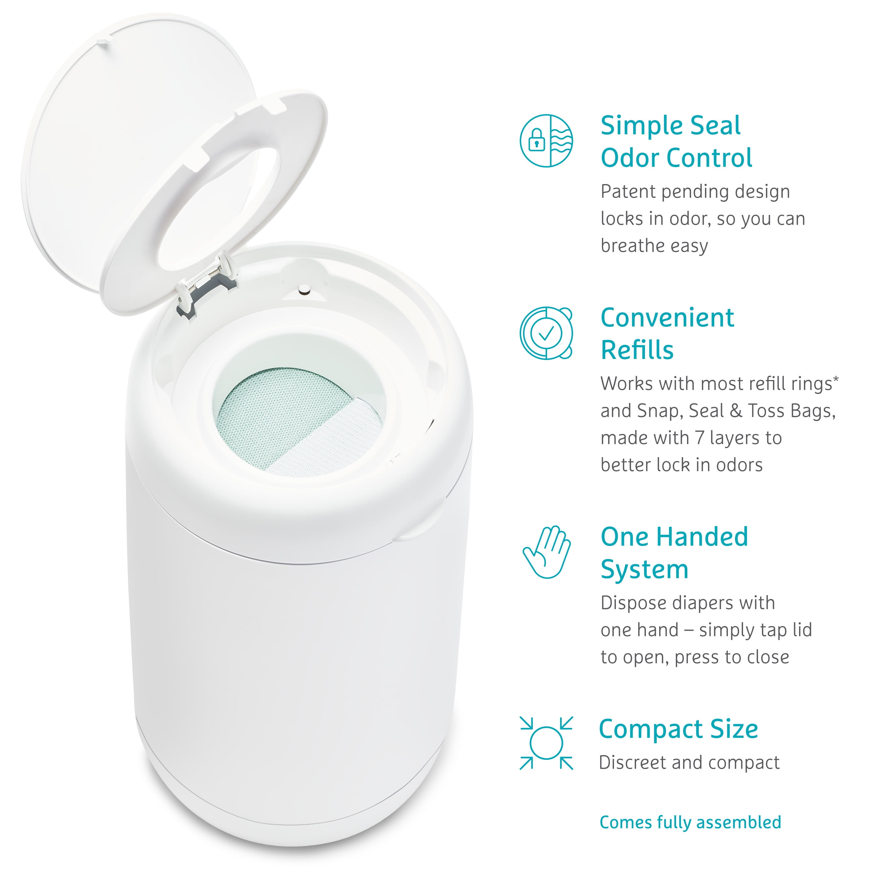 Munchkin® FLEX Diaper Pail, Odor Control, Compact Size, Tap Lid to Open, White