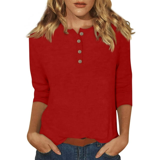 DENGDENG Womens Blouses 3/4 Sleeve Shirts Polyester Loose Tunic Tops Crew Neck Button Down Basic Tees Elbow Sleeve Casual Summer Tops Spring Three Quarter Length Shirts Trendy Dressy Blouse Red S