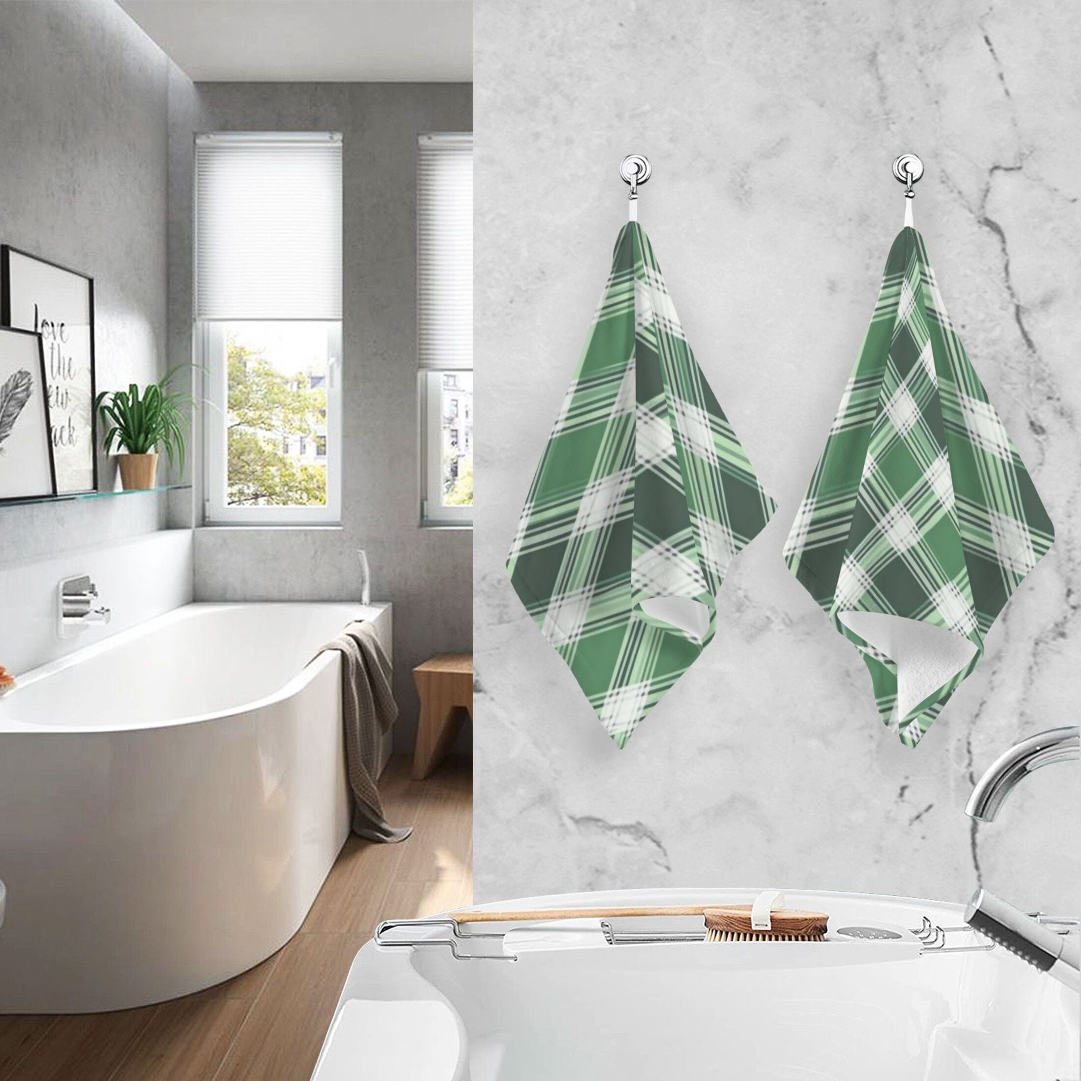 2 Pcs Absorbent Face Towel Bath Hand Towels Soft Breathable Cotton Towel Set for Bathroom Kitchen Hotel Spa Decor Green Plaid