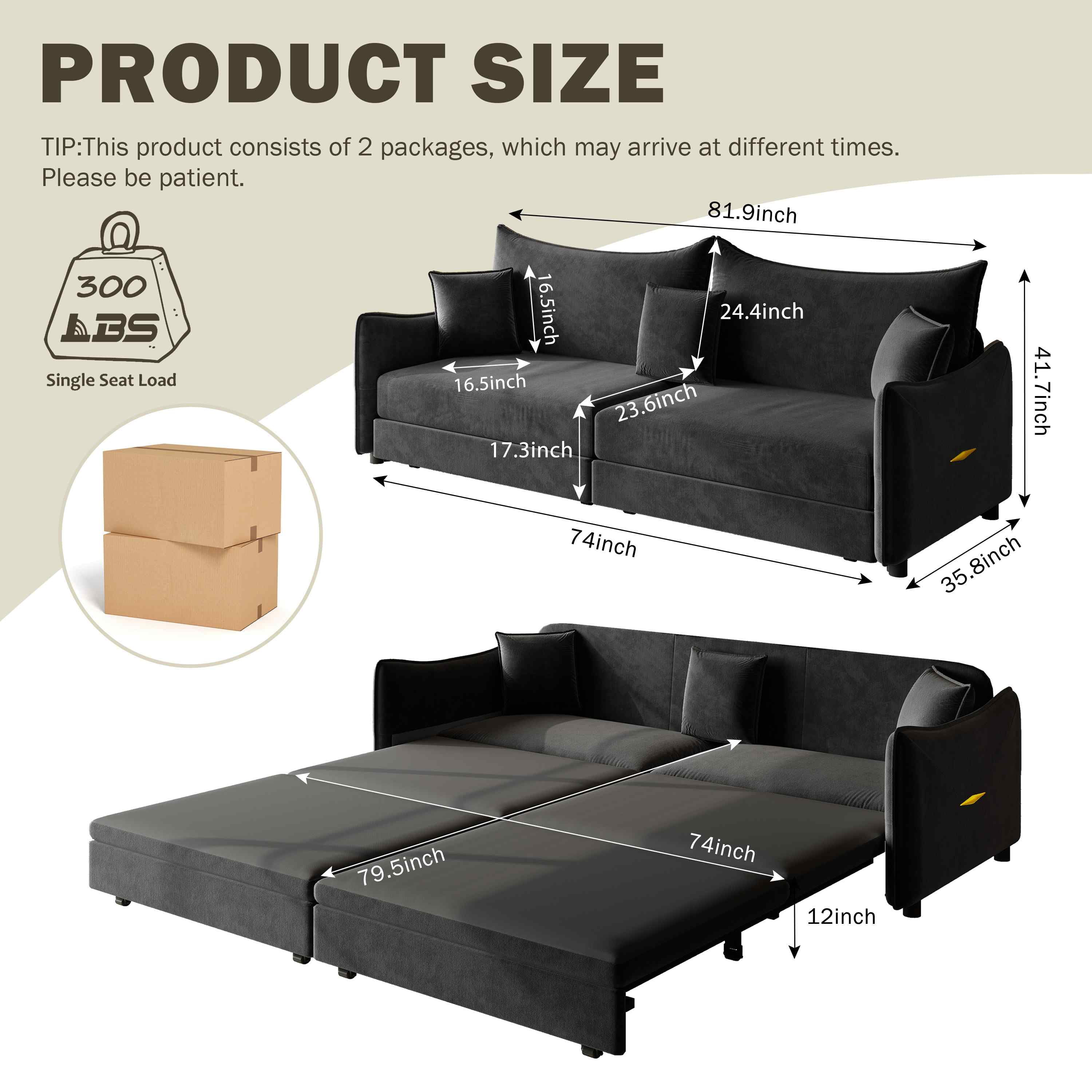 FFH 81.9" Sofa Bed King, 3 in 1 Convertible Sleeper Sofa, Pull Out Sofa Bed with 3 Pillows, Modern Velvet 3-Seater Couch for Living Room, Black