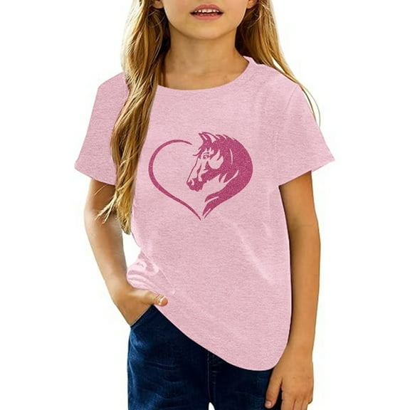 Little Girls Casual Graphic Tops Crewneck Tees Kids Printed Shirts Soft Breathable Daily Wear Clothing Pink Size 6-7T