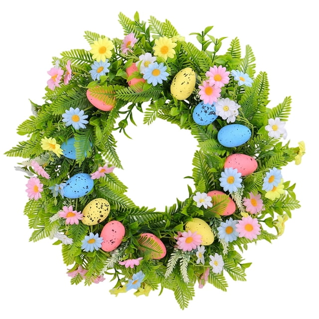 Easter Faux Eucalyptus And Small Flower Egg Wreath, Mixed Material Decor For Door And Wall, Spring Theme With Pastel Colors