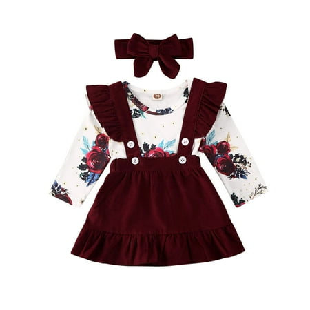 

3Pcs Newborn Infant Baby Girl Floral Clothes Sets Long Sleeve Romper+Strap Dress Headband Outfit 0-24 Months