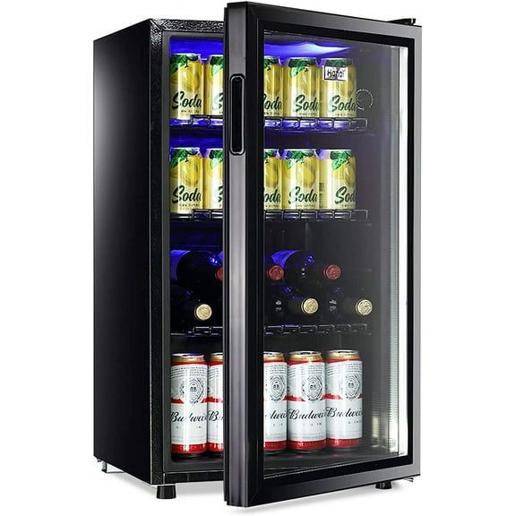 WANAI Compact Beverage Refrigerator, 100 Can Capacity, Glass Door, Black Stainless Steel