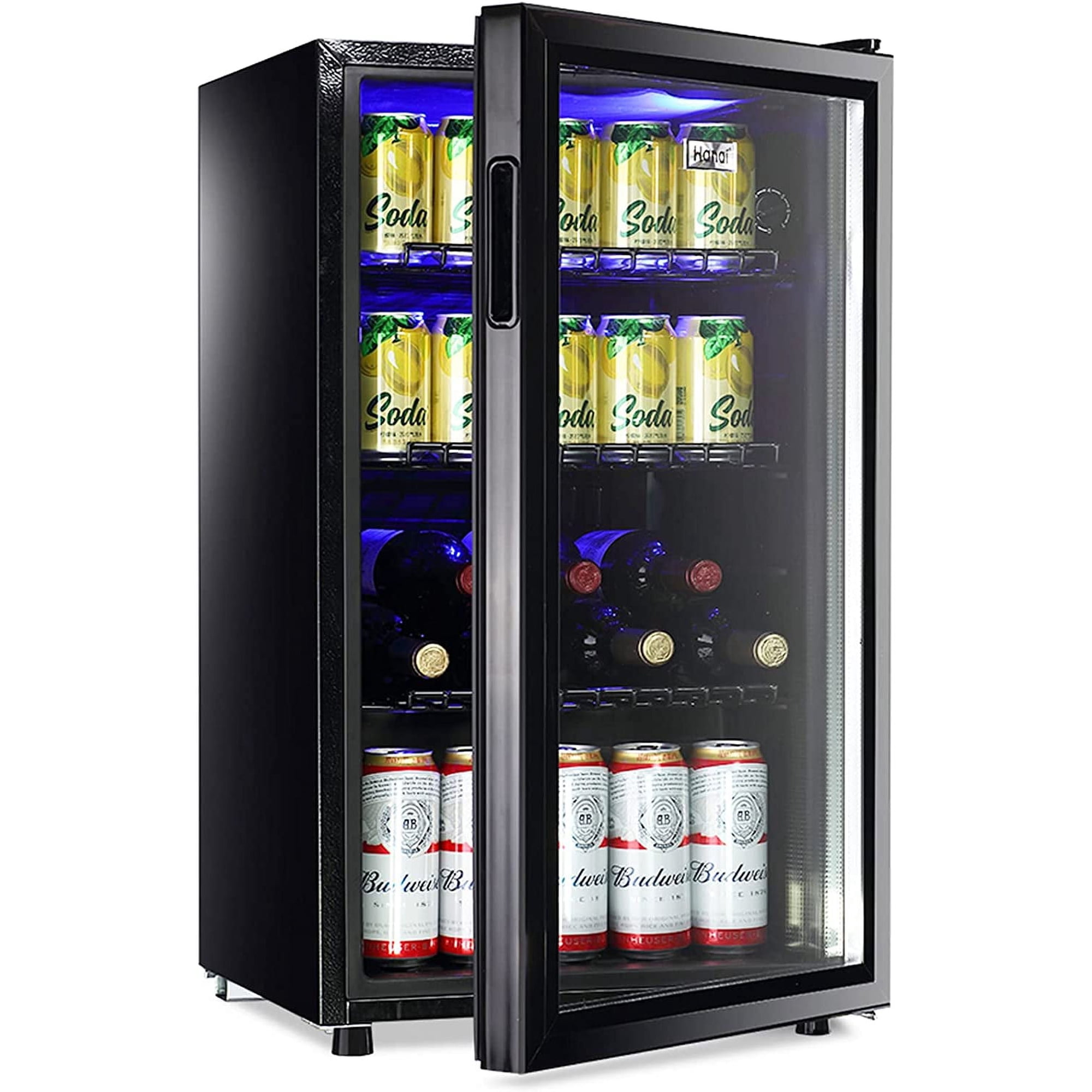 WANAI Compact Beverage Refrigerator, 100 Can Capacity, Glass Door, Black Stainless Steel