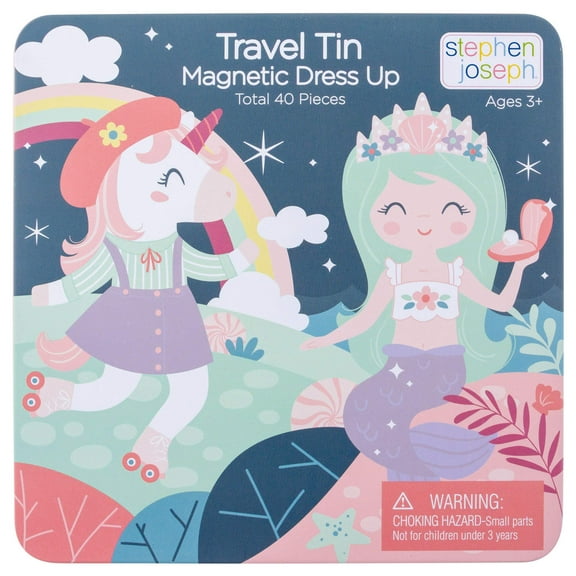 Stephen Joseph, Travel Tin Magnetic Dress Up, Unicorn and Mermaid Small, 40 unique pieces