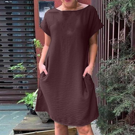 Women's Short Sleeve Batwing Sleeve Dress Round Neck Pocket Casual Swing Dress Wine XL